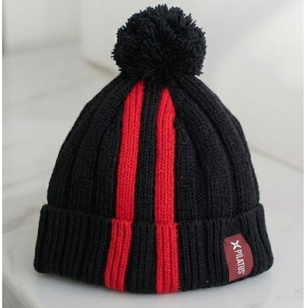 Rare VTG Pilatus Swiss Pom Beanie Black‎ Stripe Ski Hat, Unisex Retro Après-Ski